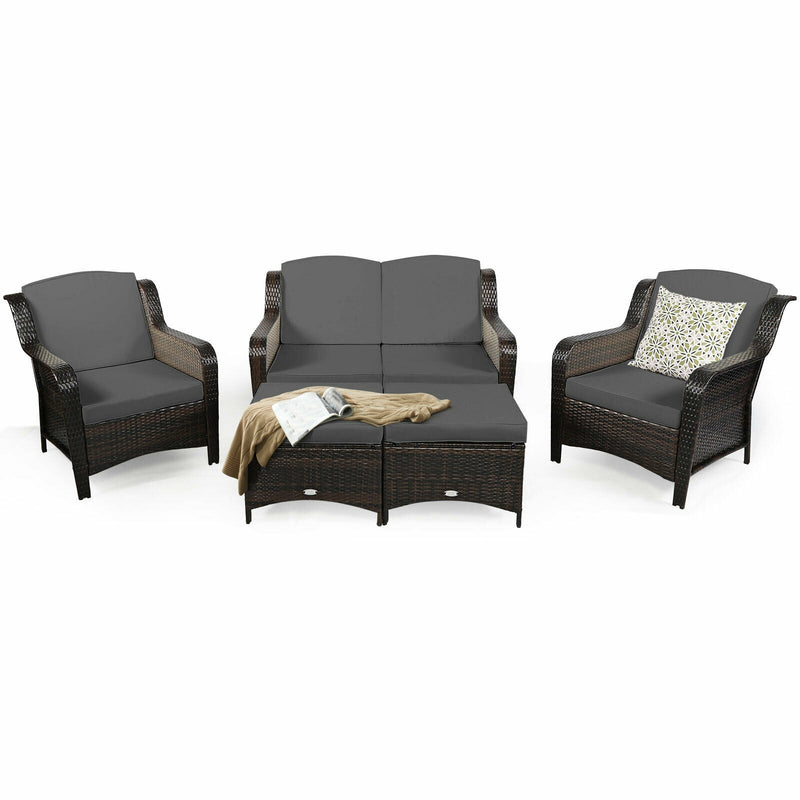 5 Pieces Patio Rattan Sofa Set with Cushion and Ottoman-Gray - Relaxacare