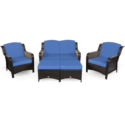 5 Pieces Patio Rattan Sofa Set with Cushion and Ottoman-Navy - Relaxacare