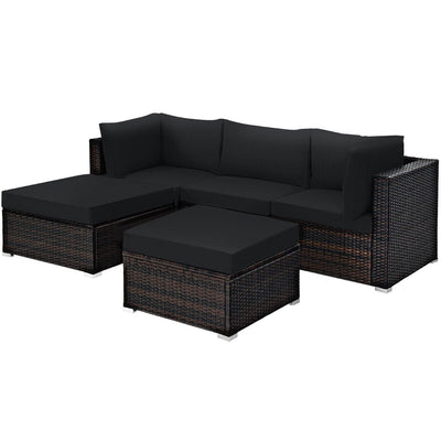 5 Pieces Patio Sectional Rattan Furniture Set with Ottoman Table-Black - Relaxacare