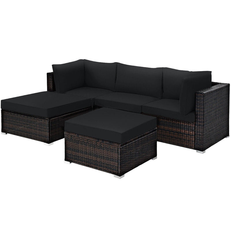 5 Pieces Patio Sectional Rattan Furniture Set with Ottoman Table-Black - Relaxacare