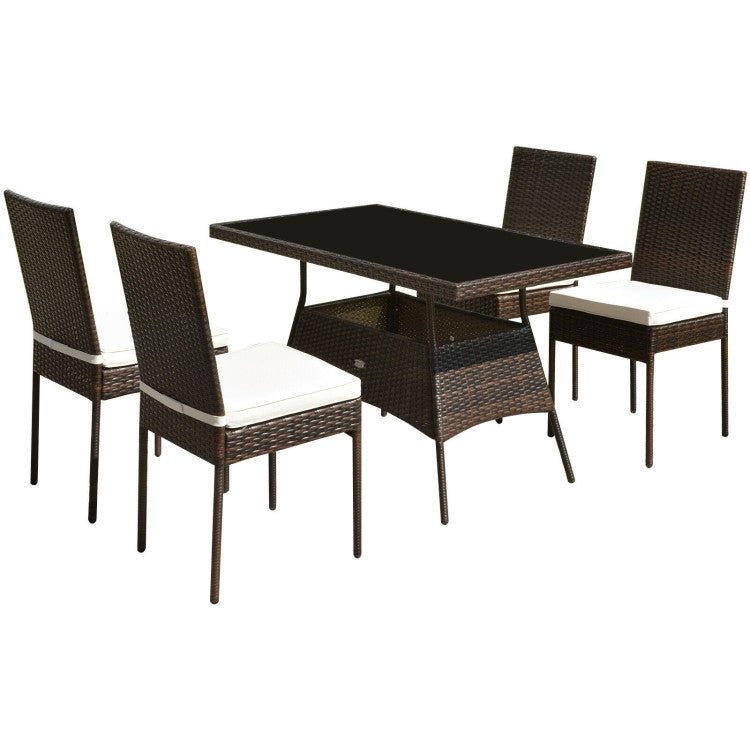 5 Pieces Rattan Dining Set with Glass Table and High Back Chair - Relaxacare