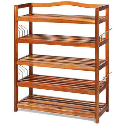 5-Tier Acacia Wood Shoe Rack with Side Metal Hooks - Relaxacare