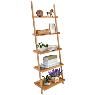 5-Tier Ladder Shelf Bamboo Bookshelf Wall-Leaning Storage Display Plant Stand - Relaxacare