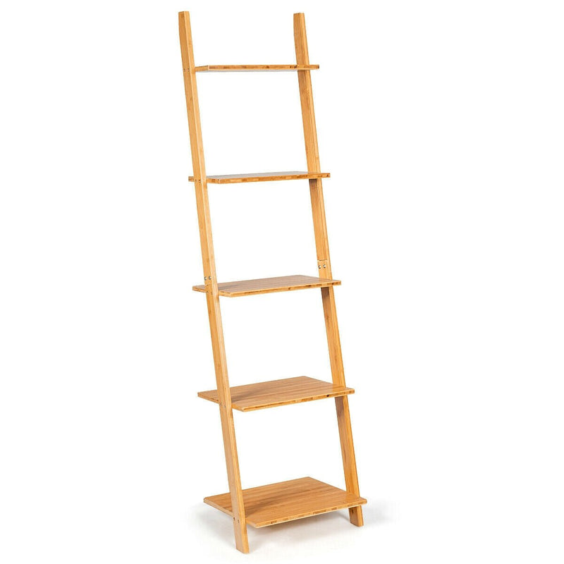 5-Tier Ladder Shelf Modern Bamboo Leaning Bookshelf Ladder Bookcase - Relaxacare