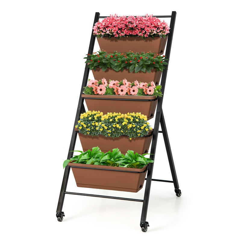 5-Tier Vertical Raised Garden Bed with Wheels and Container Boxes-Brown - Relaxacare