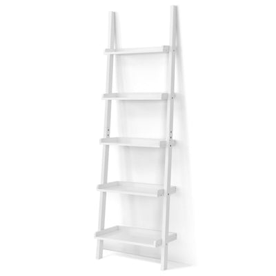 5-Tier Wall-leaning Ladder Shelf Display Rack for Plants and Books-White - Relaxacare