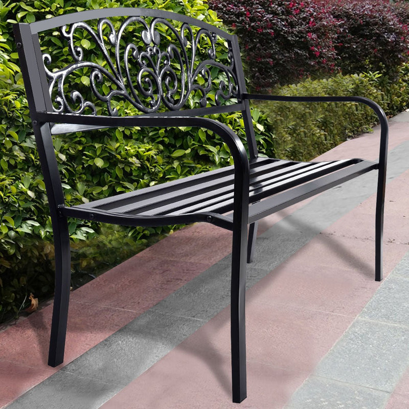 50 Inch Patio Park Steel Frame Cast Iron Backrest Bench Porch Chair - Relaxacare