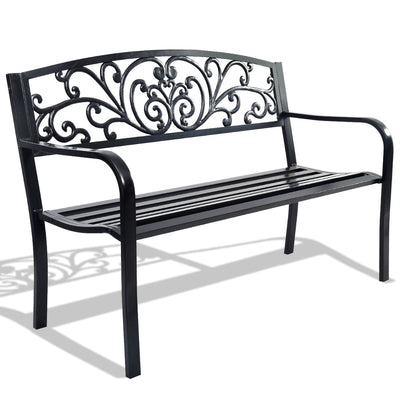 50 Inch Patio Park Steel Frame Cast Iron Backrest Bench Porch Chair - Relaxacare