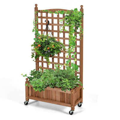50 Inch Wood Planter Box with Trellis Mobile Raised Bed for Climbing Plant - Relaxacare