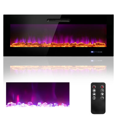 50/60 Inch Wall Mounted Recessed Electric Fireplace with Decorative Crystal and Log-50 inches - Relaxacare