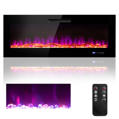 50/60 Inch Wall Mounted Recessed Electric Fireplace with Decorative Crystal and Log-60 inches - Relaxacare