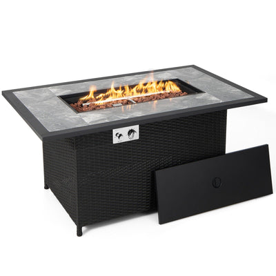 52 Inch Rattan Wicker Propane Fire Pit Table with Rain Cover and Lava Rock - Relaxacare