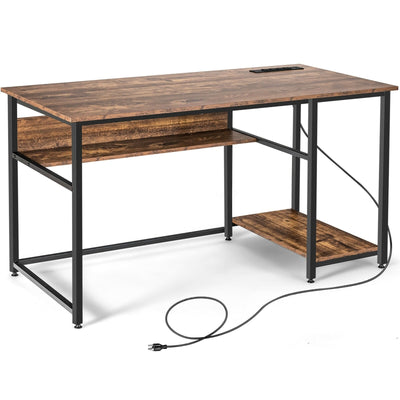 55 Inch Computer Desk with Power Outlets and USB Ports for Home and Office-Rustic Brown - Relaxacare