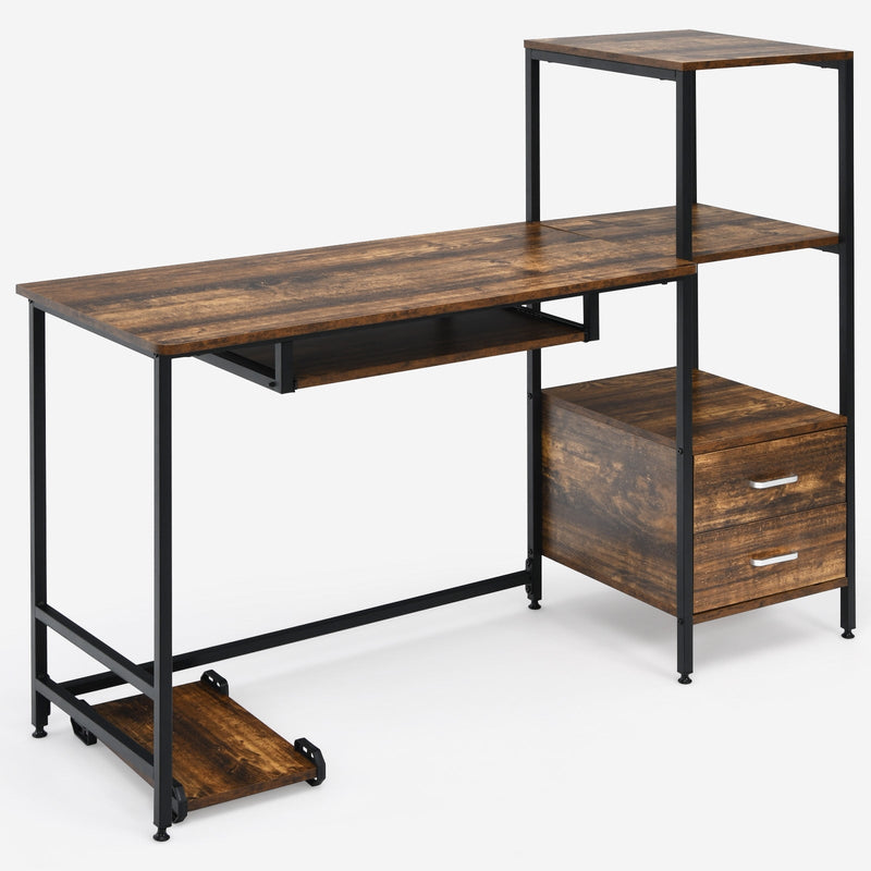 55.5 Inch Computer Desk with Movable Stand and Bookshelves-Rustic Brown - Relaxacare