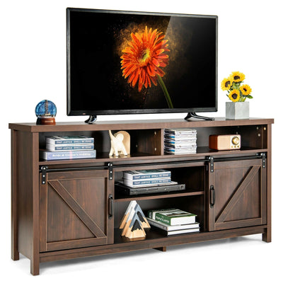 59 Inch TV Stand with Sliding Double Barn Door for TVs up to 65 Inch-Brown - Relaxacare