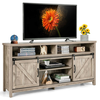 59 Inch TV Stand with Sliding Double Barn Door for TVs up to 65 Inch-Light Brown - Relaxacare