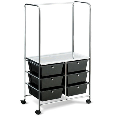 6 Drawer Rolling Storage Drawer Cart with Hanging Bar for Office School Home - Relaxacare