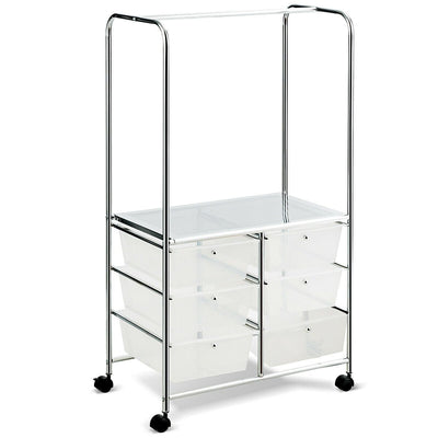 6 Drawer Rolling Storage Drawer Cart with Hanging Bar for Office School Home-Clear - Relaxacare
