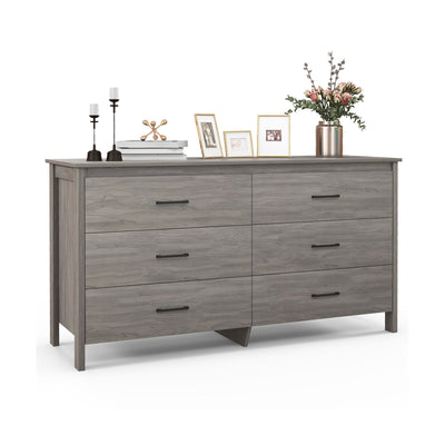 6-Drawer Wide Dresser Chest with Center Support and Anti-tip Kit-Gray - Relaxacare