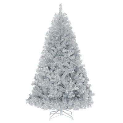6 Feet Hinged Unlit Artificial Silver Tinsel Christmas Tree with Metal Stand - Relaxacare