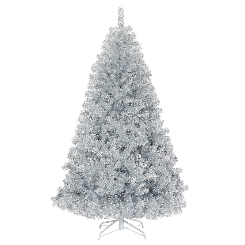 6 Feet Hinged Unlit Artificial Silver Tinsel Christmas Tree with Metal Stand - Relaxacare