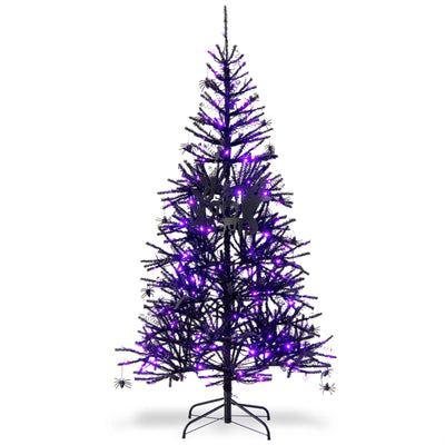 6 Feet Pre-Lit Hinged Halloween Tree with 250 Purple LED Lights and 25 Ornaments - Relaxacare