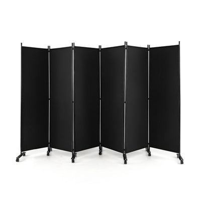 6 Panel 5.7 Feet Tall Rolling Room Divider on Wheels-Black - Relaxacare