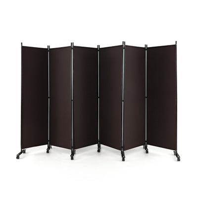 6 Panel 5.7 Feet Tall Rolling Room Divider on Wheels-Brown - Relaxacare