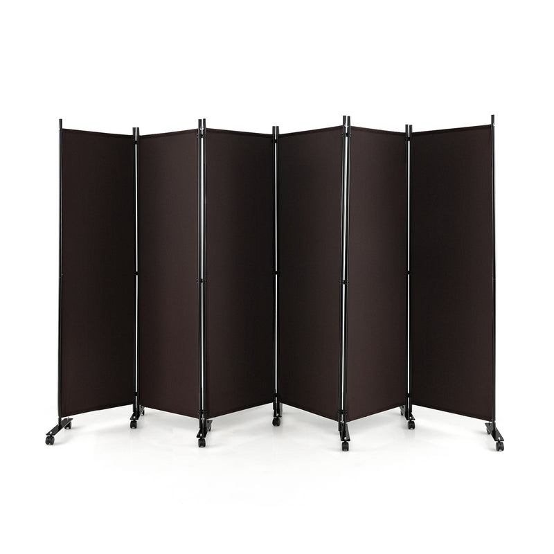 6 Panel 5.7 Feet Tall Rolling Room Divider on Wheels-Brown - Relaxacare