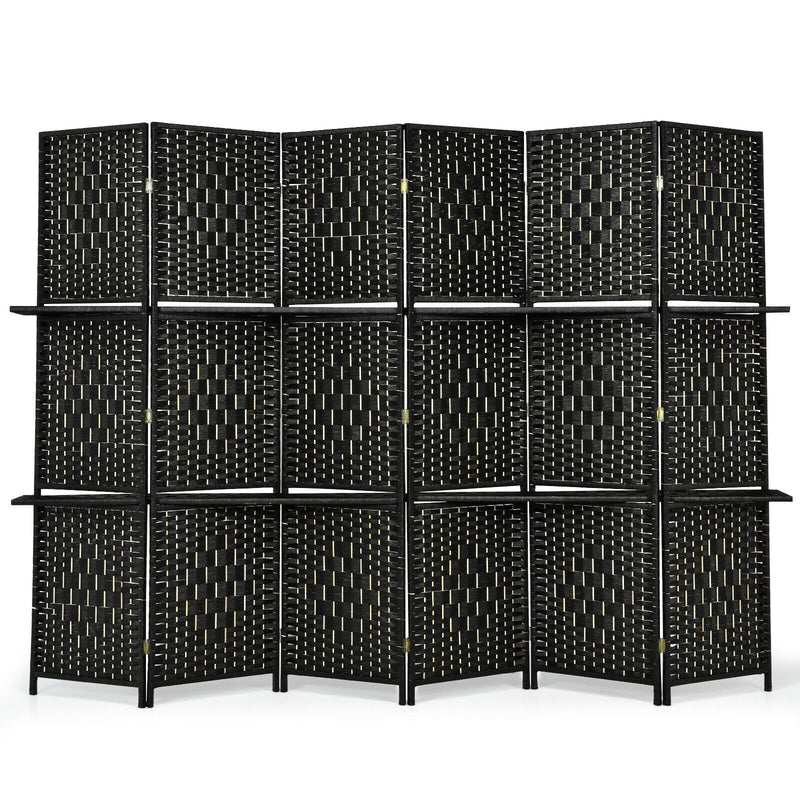 6 Panel Folding Weave Fiber Room Divider with 2 Display Shelves -Black - Relaxacare