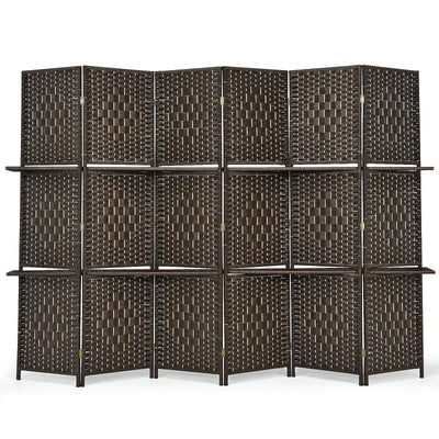 6 Panel Folding Weave Fiber Room Divider with 2 Display Shelves -Brown - Relaxacare