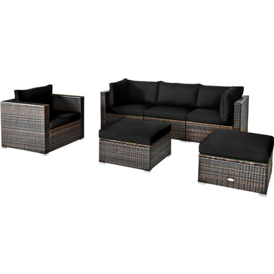 6 Pcs Patio Rattan Furniture Set with Sectional Cushion-Black - Relaxacare