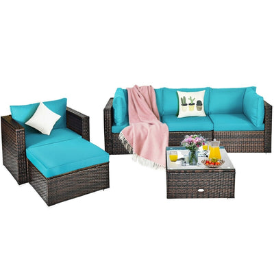 6 Pcs Patio Rattan Furniture Set with Sectional Cushion-Turquoise - Relaxacare