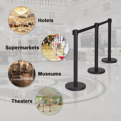 6 Pcs Retractable Black Stanchion Posts Queue Pole with 6.5ft Retractable Belt - Relaxacare