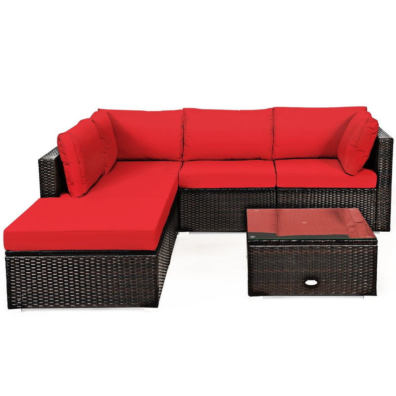 6 Pieces Outdoor Patio Rattan Furniture Set Sofa Ottoman-Red - Relaxacare