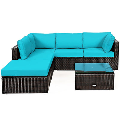 6 Pieces Outdoor Patio Rattan Furniture Set Sofa Ottoman-Turquoise - Relaxacare
