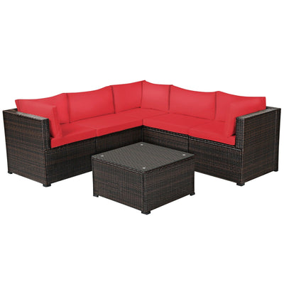 6 Pieces Patio Rattan Furniture Set Sectional Cushioned Sofa Deck-Red - Relaxacare