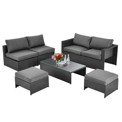6 Pieces Patio Rattan Furniture Set Space Saving Cushioned No Assembly-Gray - Relaxacare