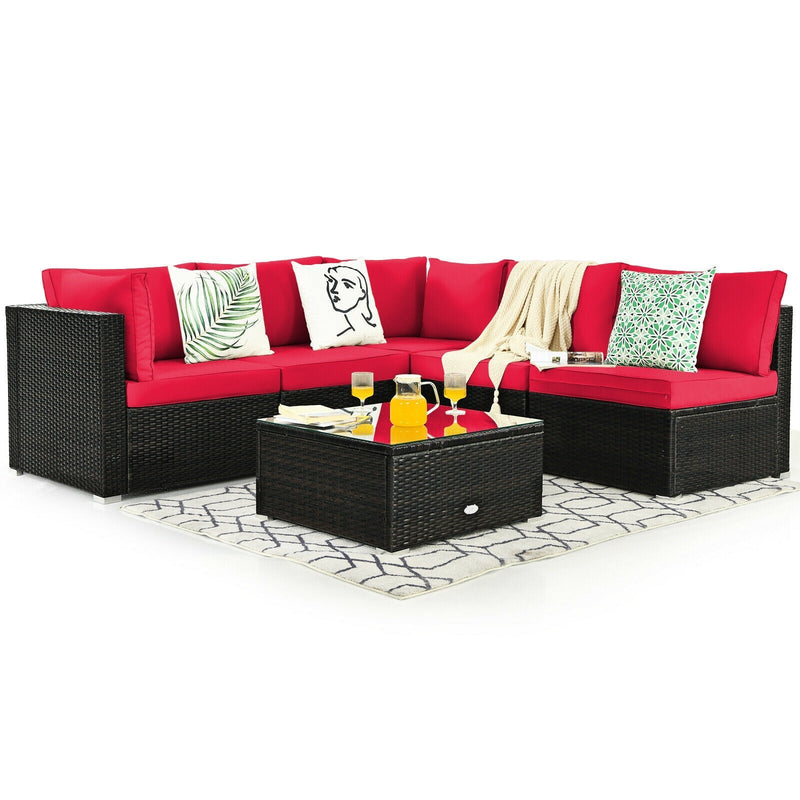 6 Pieces Patio Rattan Furniture Set with Cushions and Glass Coffee Table-Red - Relaxacare