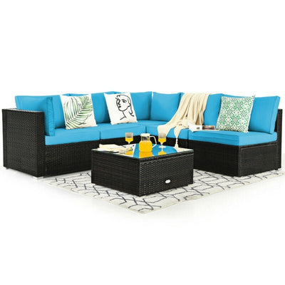 6 Pieces Patio Rattan Furniture Set with Cushions and Glass Coffee Table-Turquoise - Relaxacare