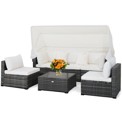 6 Pieces Patio Rattan Furniture Set with Retractable Canopy - Relaxacare