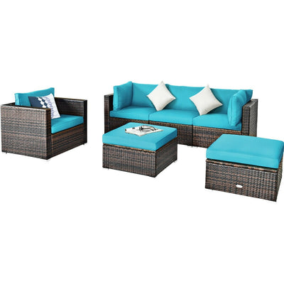6 Pieces Patio Rattan Furniture Set with Sectional Cushion-Turquoise - Relaxacare