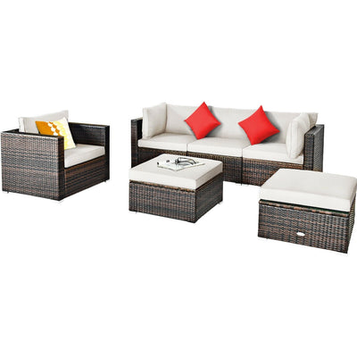 6 Pieces Patio Rattan Furniture Set with Sectional Cushion-White - Relaxacare