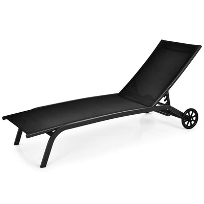 6-Poisition Adjustable Outdoor Chaise Recliner with Wheels-Black - Relaxacare