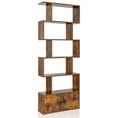 6-Tier S-Shaped Freestanding Bookshelf with Cabinet and Doors-Coffee - Relaxacare