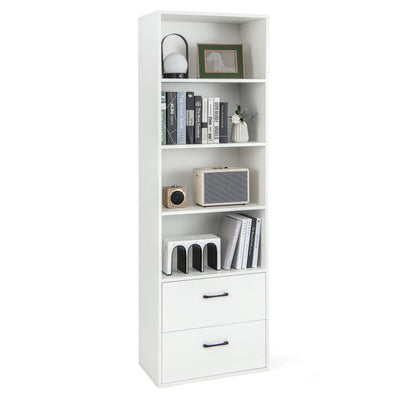 6-Tier Tall Freestanding Bookshelf with 4 Open Shelves and 2 Drawers-White - Relaxacare