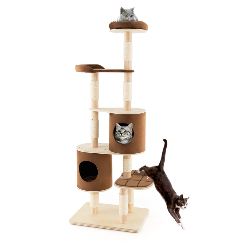 6-Tier Wooden Cat Tree with 2 Removeable Condos Platforms and Perch-Brown - Relaxacare