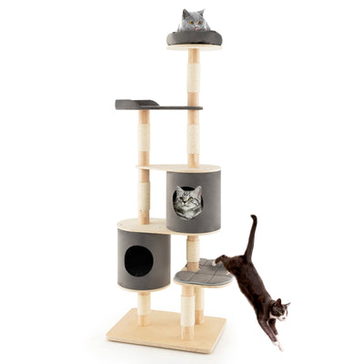 6-Tier Wooden Cat Tree with 2 Removeable Condos Platforms and Perch-Gray - Relaxacare