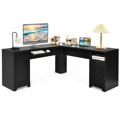 66 Inch L-Shaped Writing Study Workstation Computer Desk with Drawers-Black - Relaxacare