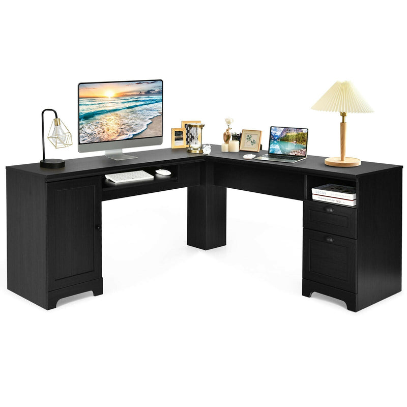 66 Inch L-Shaped Writing Study Workstation Computer Desk with Drawers-Black - Relaxacare